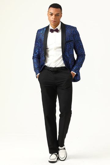 One Button Blue Shawl Lapel Jacquard Men’s Prom Blazer